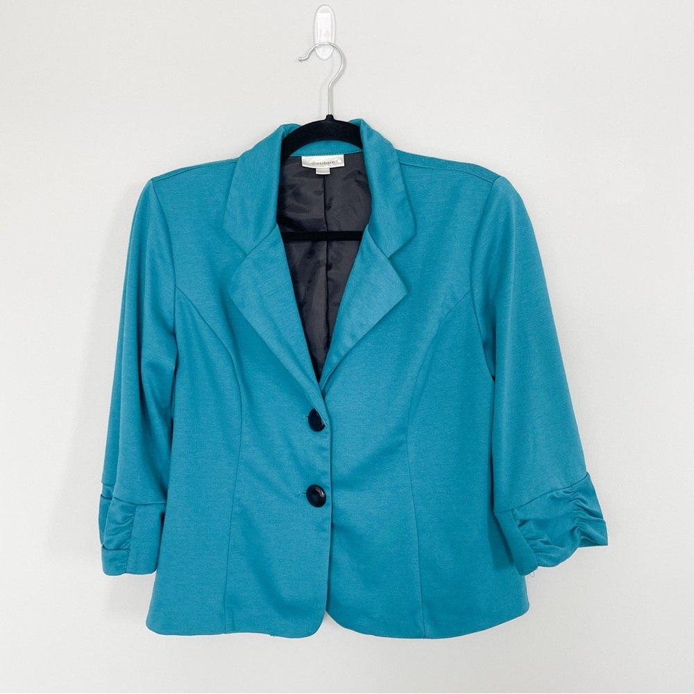 Dress Barn Women’s Medium Blazer Turquoise Button Front 3/4 Sleeve Shoulder Pads